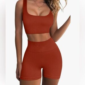 New 2 Piece Seamless Ribbed Yoga Outfit (XS, Brick Red)